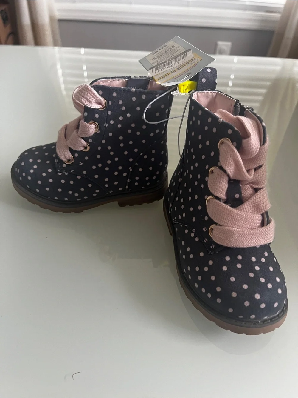 Cat & Jack Navy Polka Dot Boots with Pink Laces